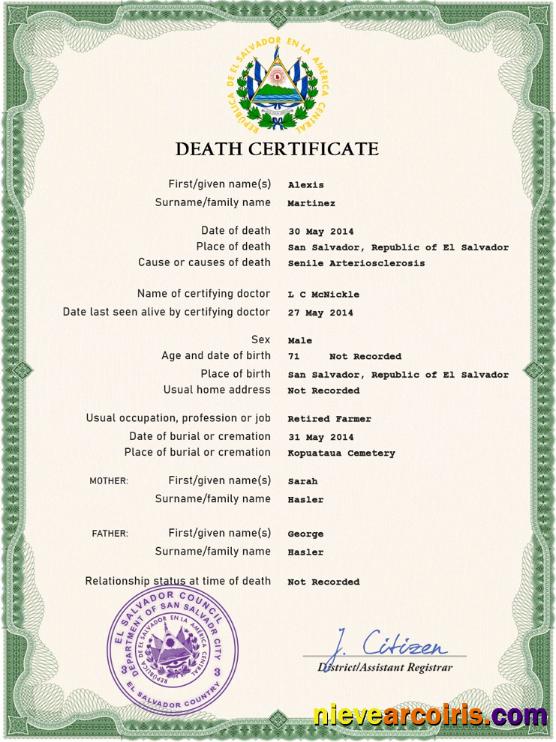 Salvador vital record death certificate